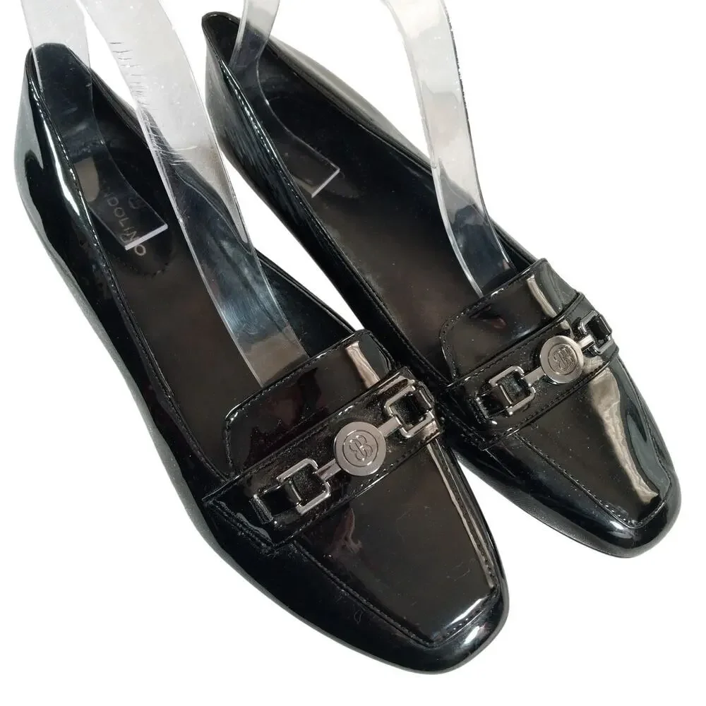 BANDOLINO! FLORA BLACK PATENT LEATHER FRONT METAL HARNESS NIPPED TOE FLATS!SZ 8M